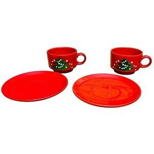 Germany Waechtersbach 2 Cups/Mug 2 Plates Christmas Tree Red